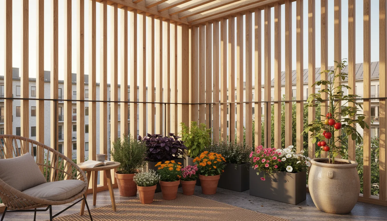 A semi-permeable slatted wooden windbreak on an urban balcony shields healthy container plants from wind, creating a tranquil garden space.