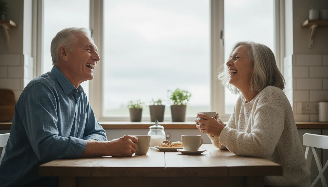 A senior man and woman laugh together over coffee at a kitchen table, illuminated by soft, natural light.
