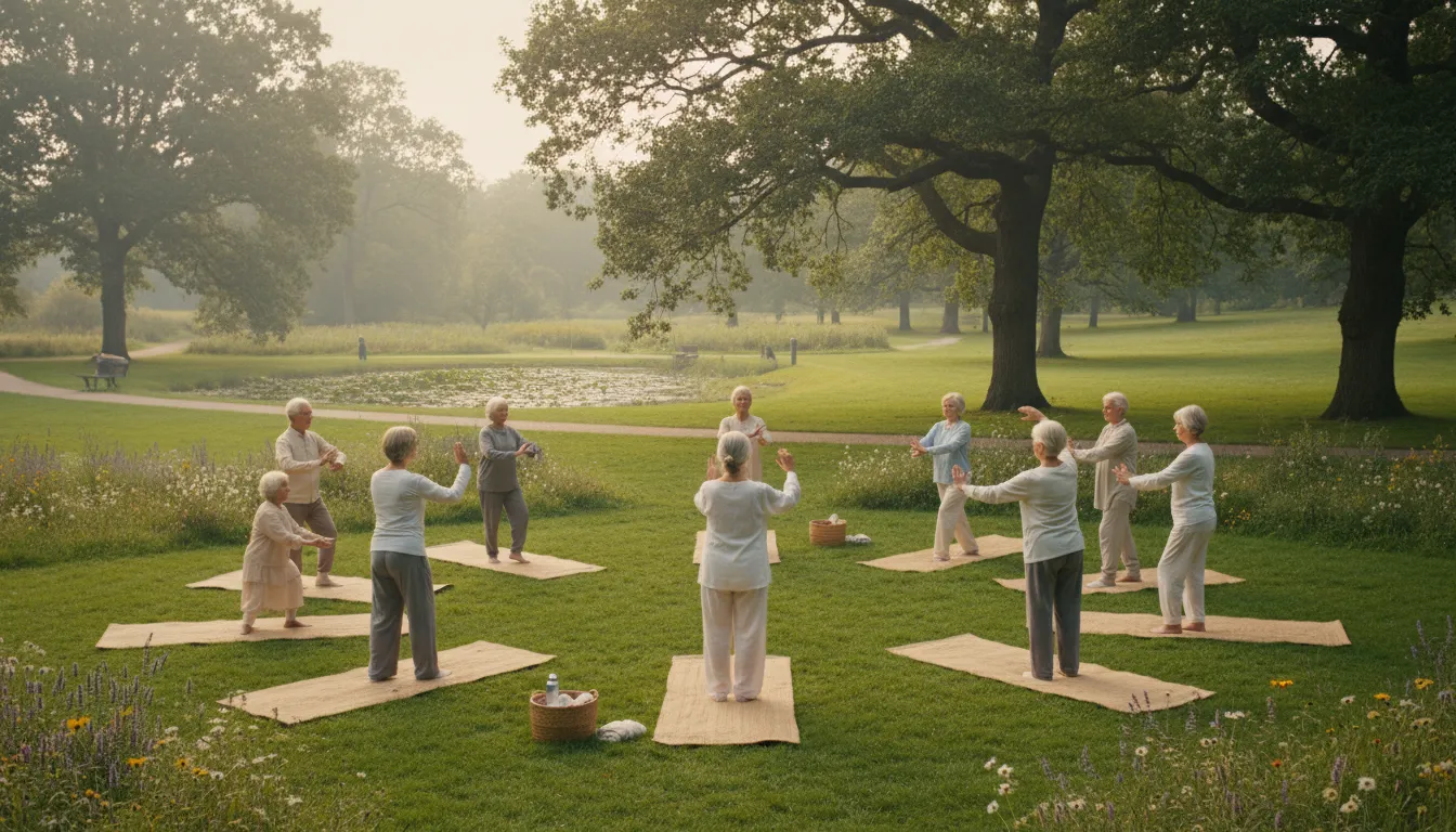 Seniors performing Tai Chi or yoga outdoors in a park, viewed at eye level, under soft, diffused daylight.