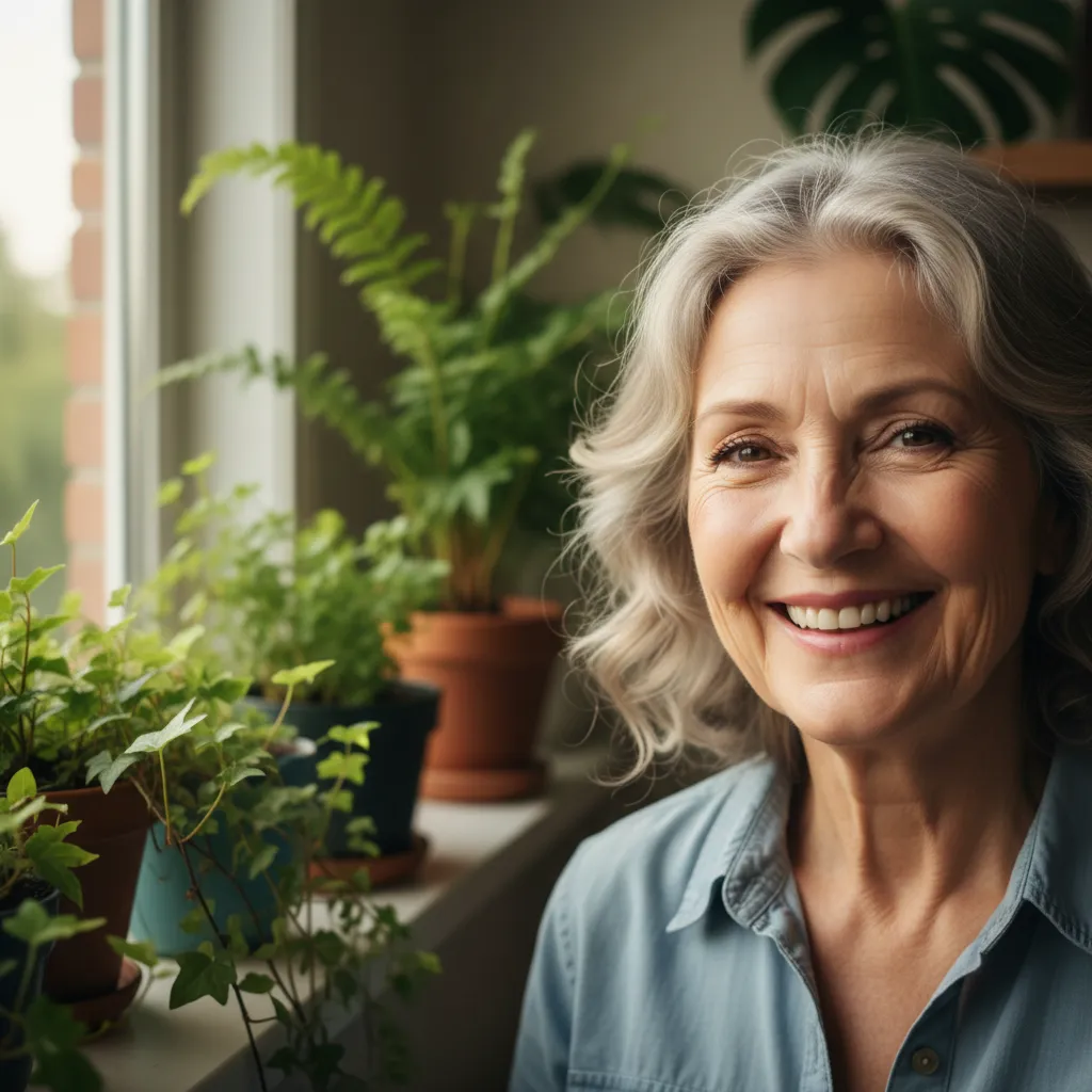 A close-up of a smiling senior woman's face, her skin radiant, with blurred green plants in the background, lit by soft window light.