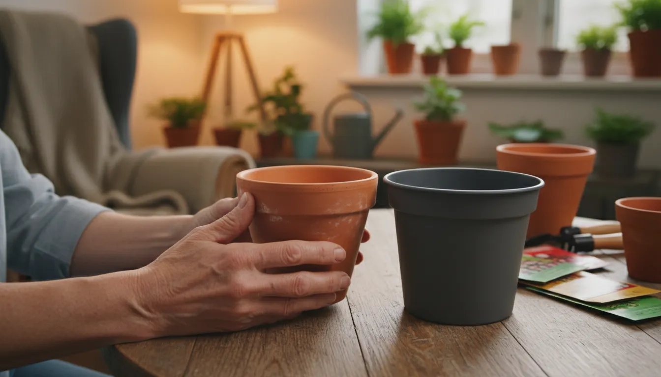Close-up of a senior's hands feeling an empty terracotta pot next to a plastic pot on an indoor table, lit by a soft lamp.