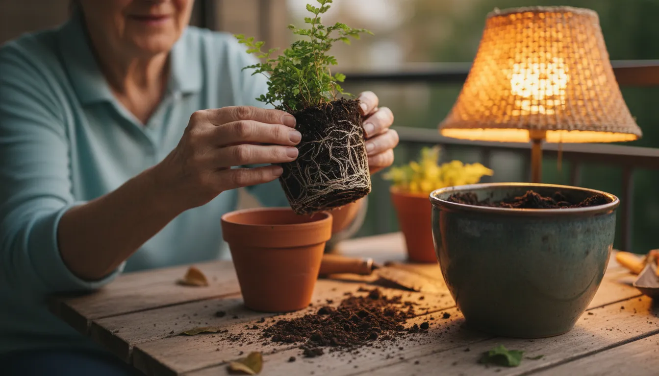 Close-up of a senior's hands gently inspecting the root ball of a plant, lifted from a small pot on a balcony, with a larger pot nearby.