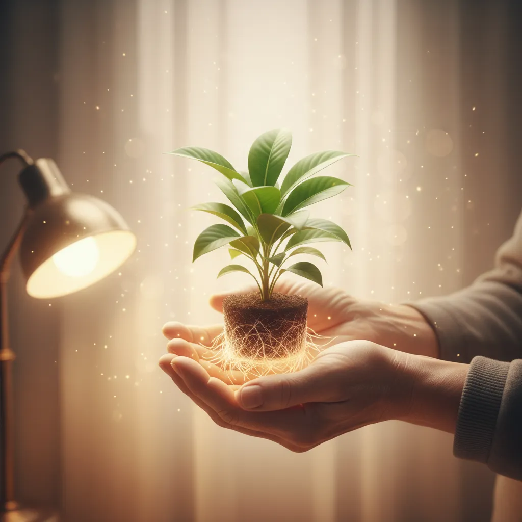 Senior hands gently hold a thriving plant, its roots extending into a glowing void, symbolizing ample room for future growth.