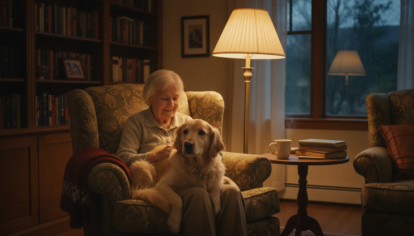 A senior person in a cozy armchair strokes a pet on their lap, bathed in warm tungsten light, depicting companionship in an indoor setting.