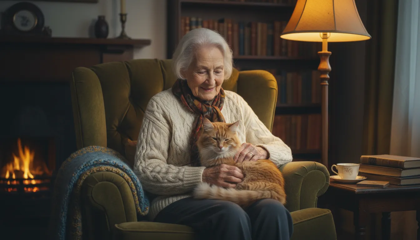 A senior person in a cozy armchair, gently stroking a cat or small dog on their lap, bathed in warm tungsten lamp light in a living room.