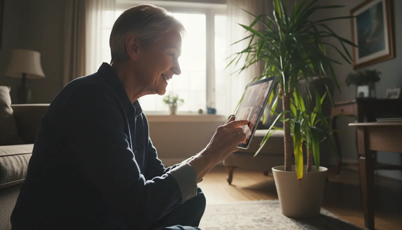 A senior adult smiles while on a video call, holding a tablet near a houseplant with yellowing leaves, under window backlight.