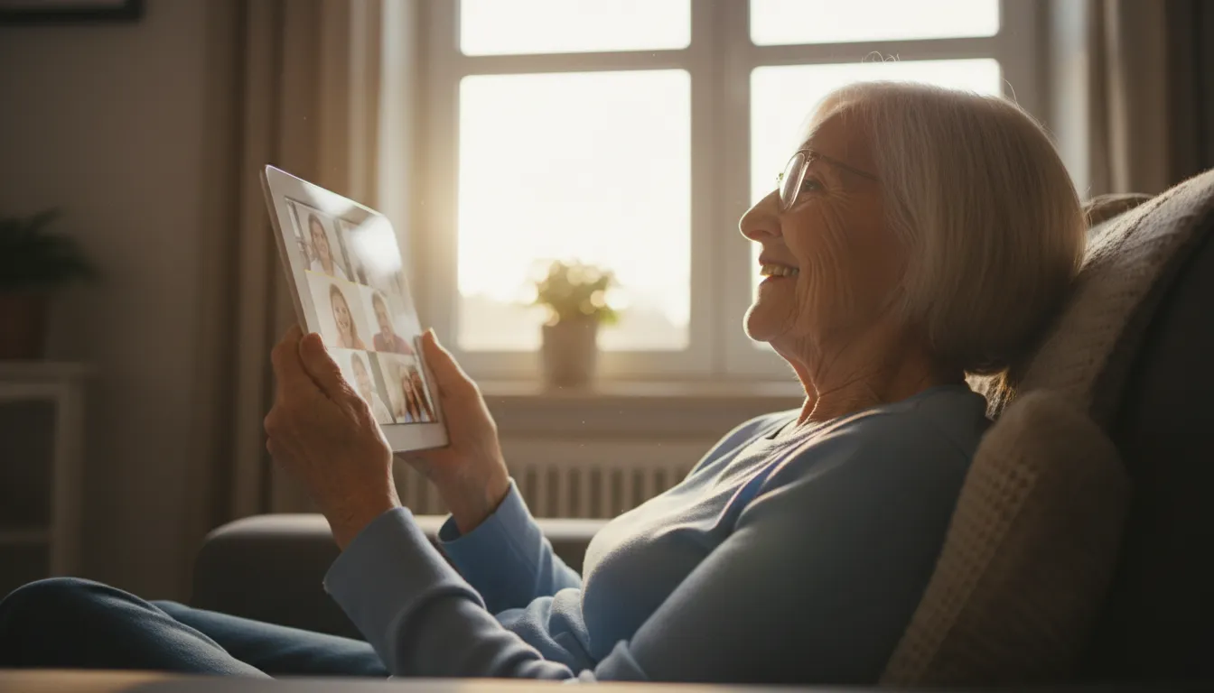 A senior smiling while on a video call with family on a tablet or laptop, viewed from a low angle with window backlight.