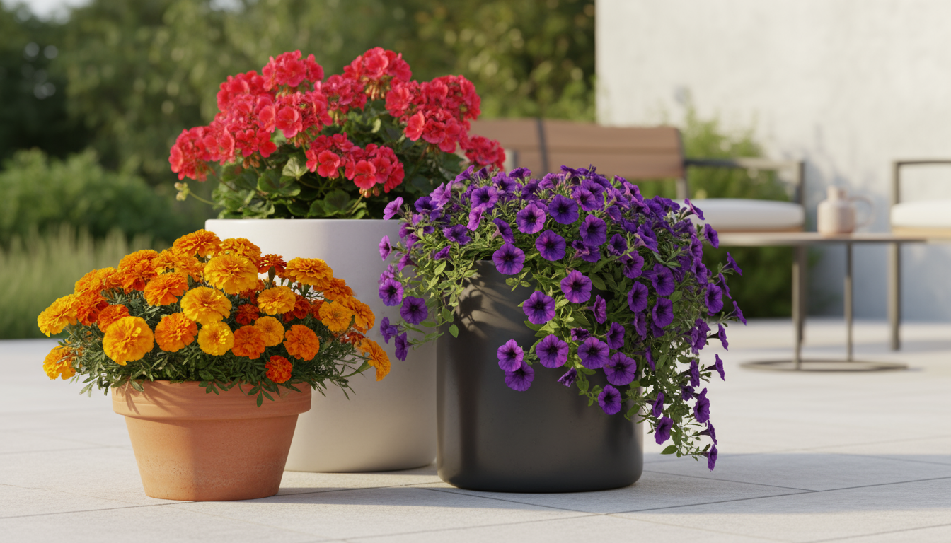Senior woman intently examining a rosemary plant in a terracotta pot on a patio, focusing on a leaf with subtle yellowing.