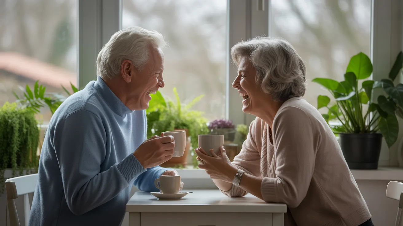 A man and a woman, both seniors, laugh while drinking coffee at a brightly lit kitchen table, surrounded by thriving houseplants.