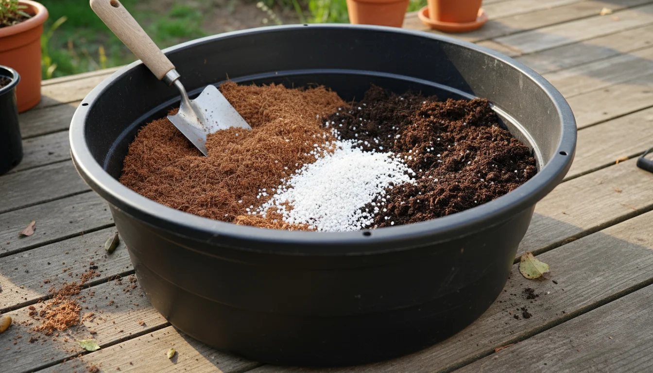 Separate piles of light brown coco coir, white perlite, and dark compost in a black mixing tub on a patio, ready for blending.