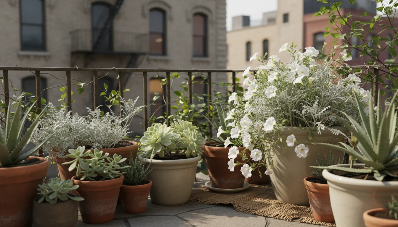 A serene balcony corner featuring various container plants in a limited palette of white, cream, silver, and pale green, creating a harmonious look.
