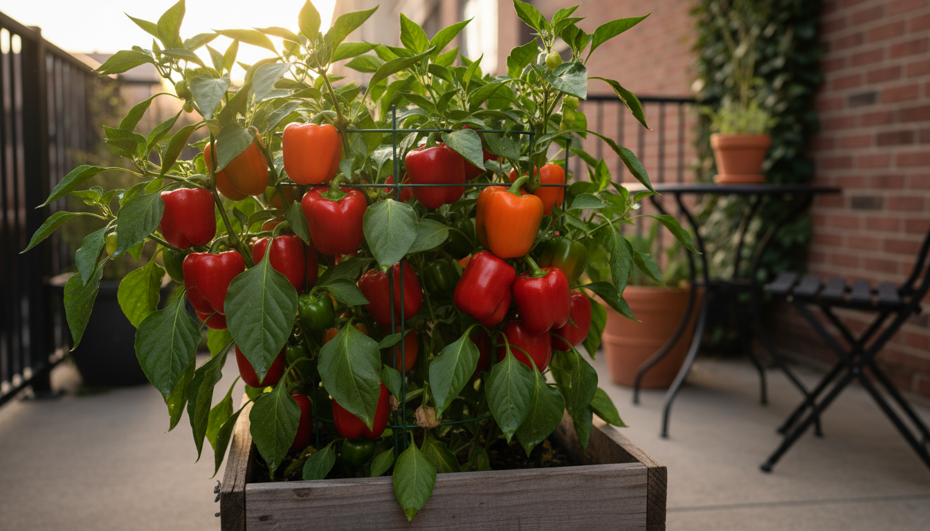 Middle-aged woman comfortably reaches across a 2.5-foot wide raised garden bed on a patio, tending young lettuce.