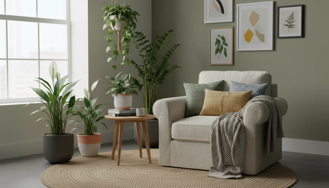 A serene living room corner with a large window. Several lush green houseplants thrive in various pots around an armchair with an open book.