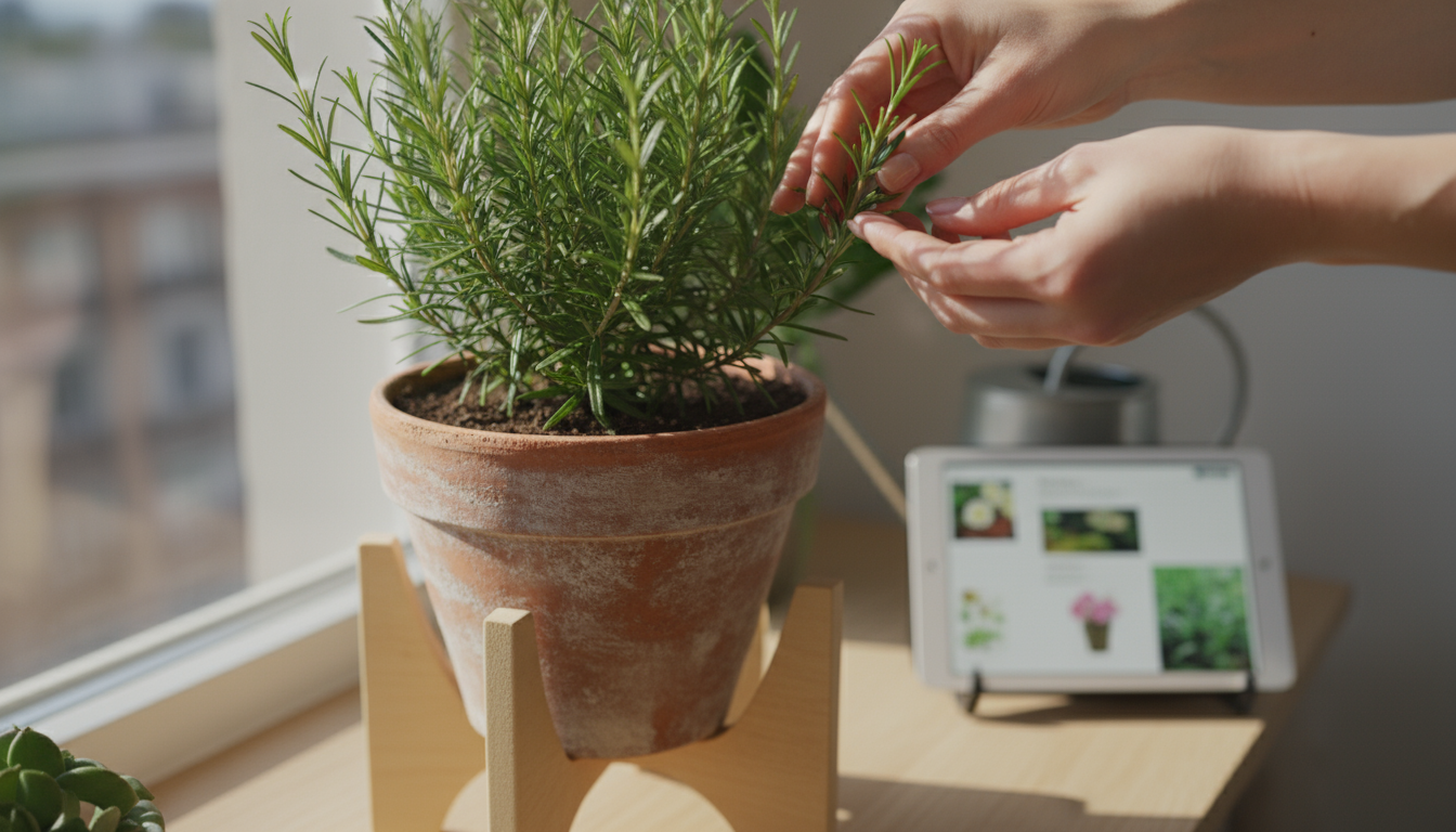 A basil plant with crispy brown leaf edges on a sunlit windowsill, beside a pebble tray with other herbs, illustrating solutions for low humidity.
