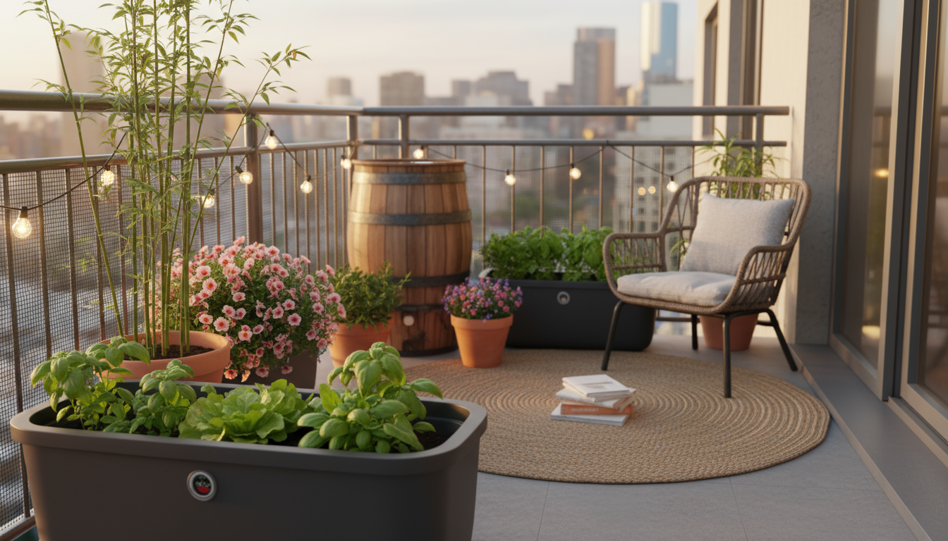 Small urban balcony in soft golden light showing a rustic rain barrel, a self-watering planter, and a mulched pot for water conservation.