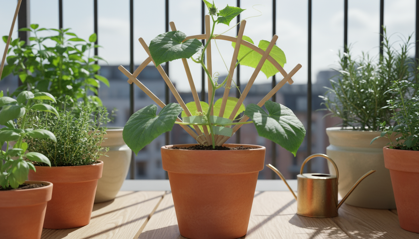 Gardener gently lifts a root-bound lavender from a small terracotta pot, ready for a larger ceramic pot on a sunny balcony.