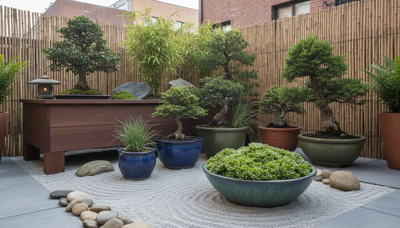A serene small patio Zen garden with layered height transitions: raked gravel foreground, mid-height maples and grasses, and tall bamboo with a climbi