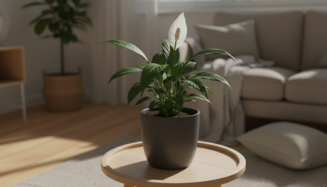 Wide-angle view of a small balcony with spaced container plants on shelves. An open window with a rippling curtain suggests airflow. A hand rests on a