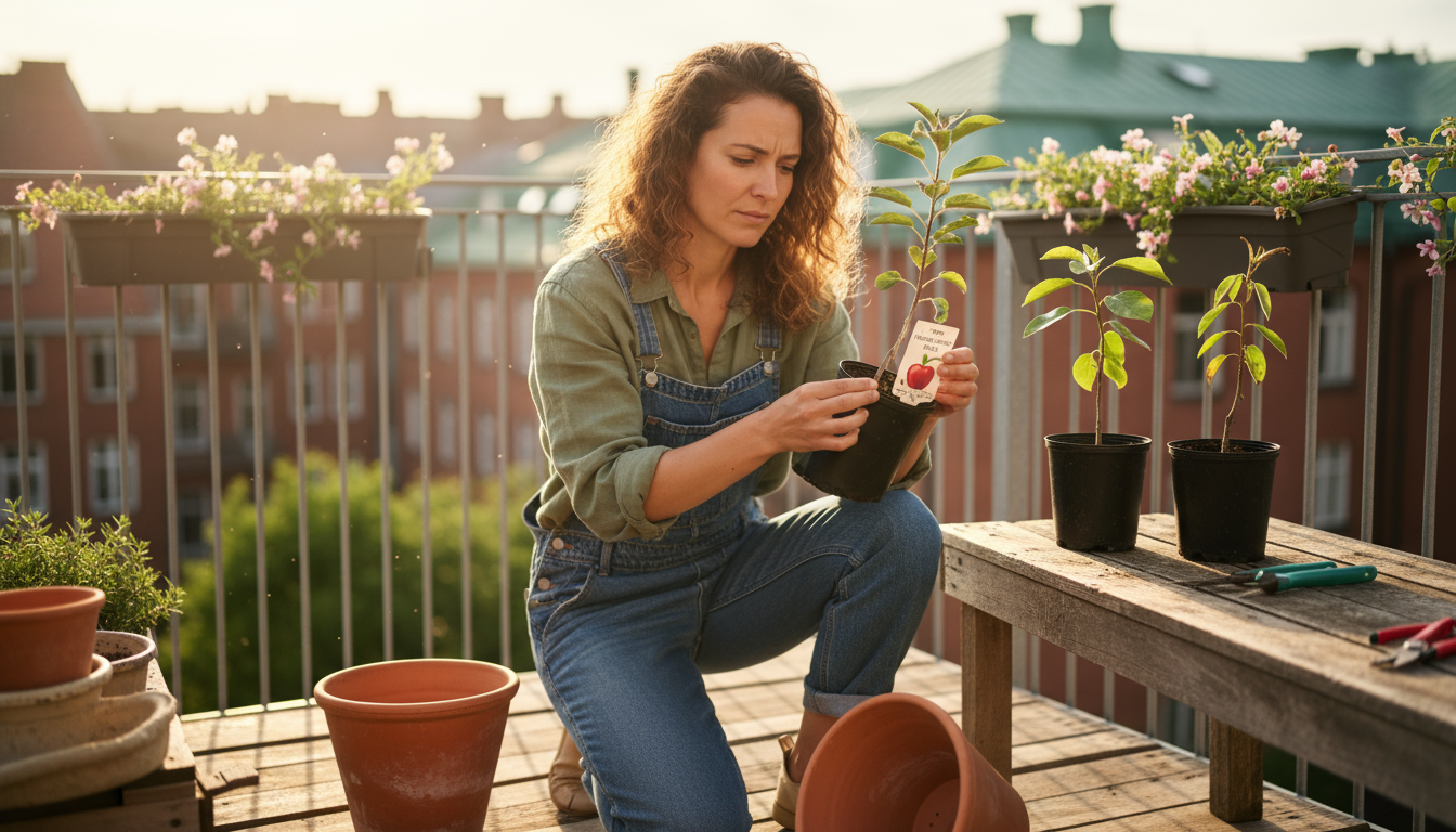 Two healthy dwarf fruit trees, an apple with developing fruit and a fig, in different sized containers on a patio, with empty pots and potting mix nea