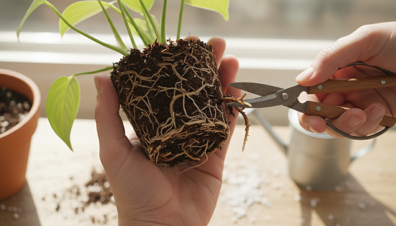 Small-space container plants on a windowsill and plant stand bathed in soft, diffuse winter light from an overcast sky.