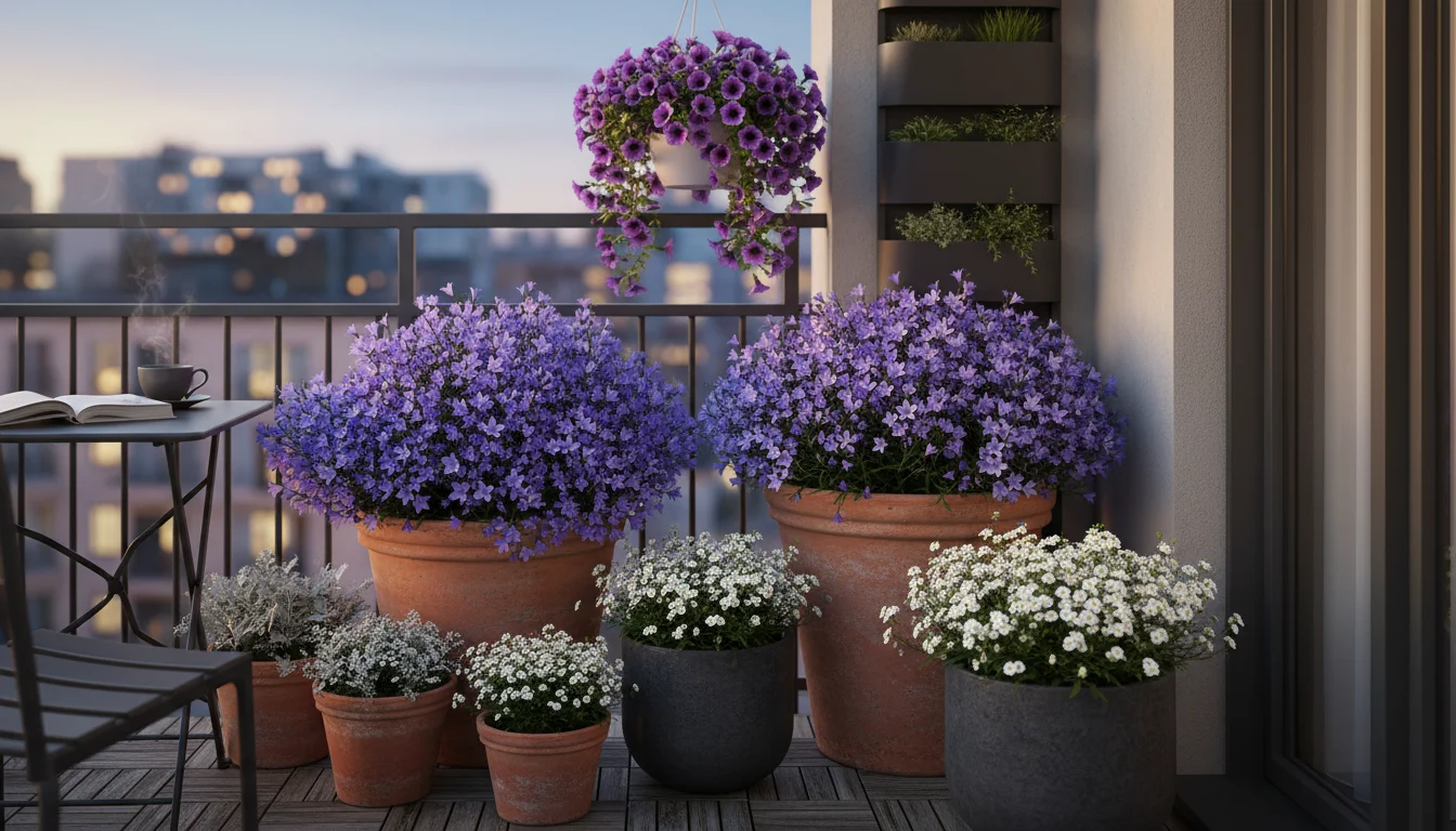 A serene urban balcony garden at dusk, featuring terracotta and gray pots filled with blue, purple, and white flowers, softly lit by fairy lights.