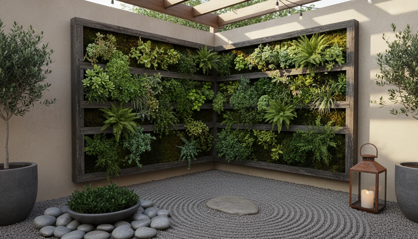 A serene urban patio corner featuring a multi-tiered wooden vertical garden, raked gravel Zen element, and potted plants.