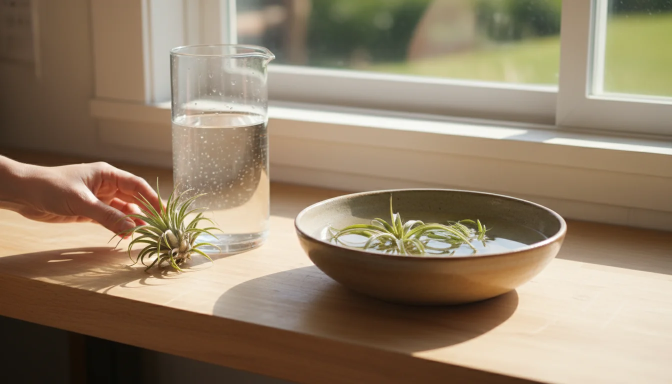 Several air plants soak in a ceramic bowl of water on a counter near a window, with a glass pitcher and watering can nearby.