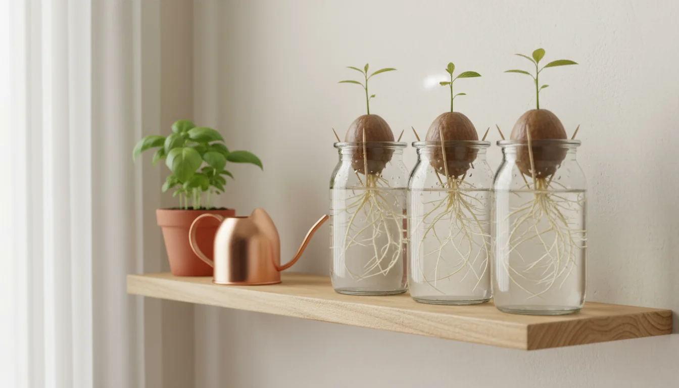 Several avocado pits in clear glass jars on a shelf, showing early root and shoot growth, lit by soft indoor light.