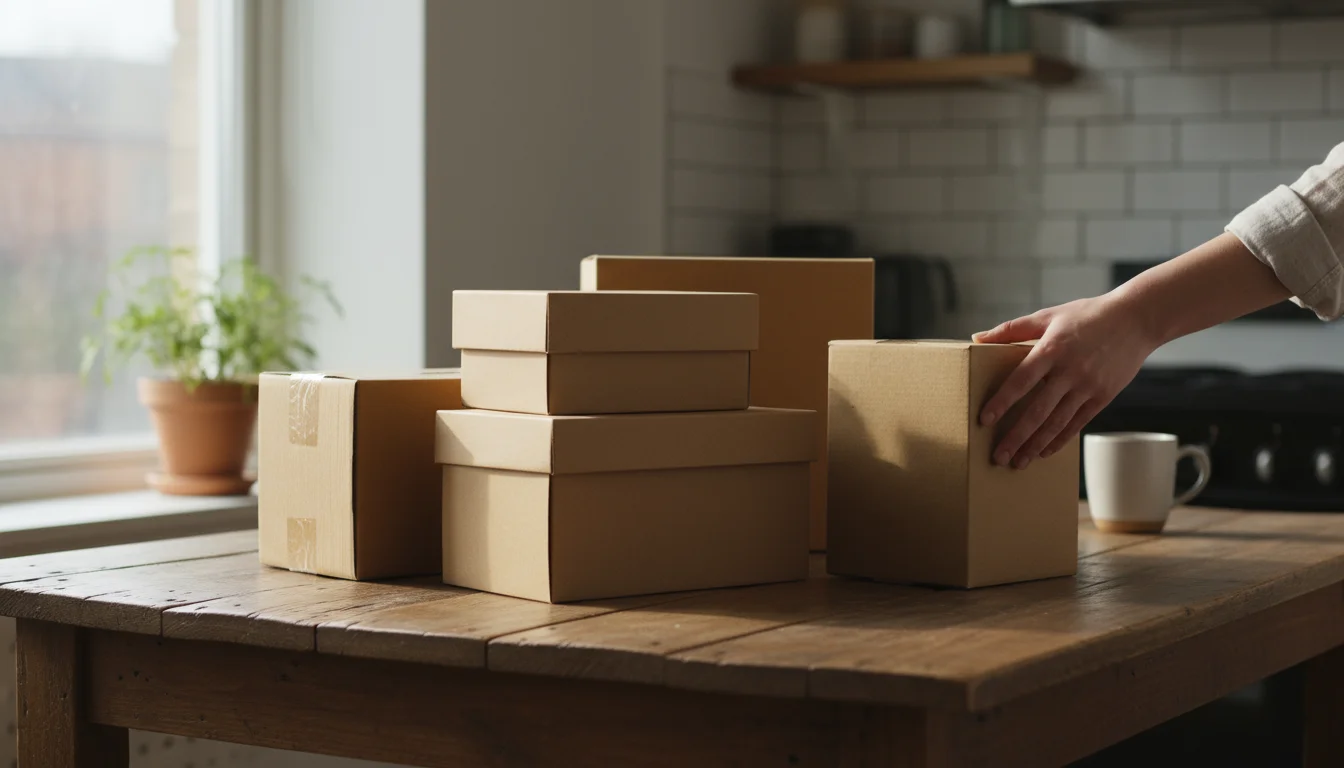 Several clean cardboard shoeboxes of various sizes are arranged on a wooden kitchen table, lit by natural window light.