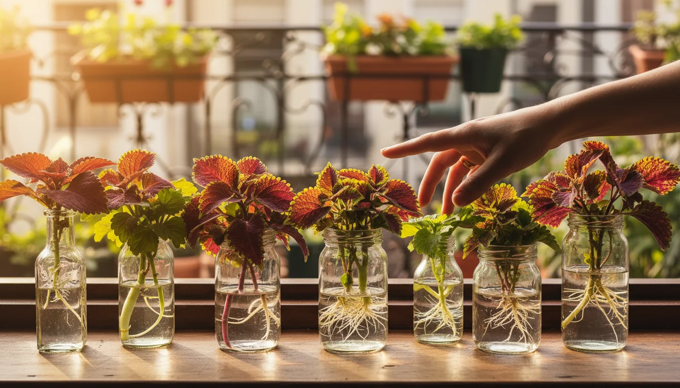 Several colorful coleus plant cuttings with visible white roots in clear glass jars on a wooden windowsill, with an urban balcony in background.