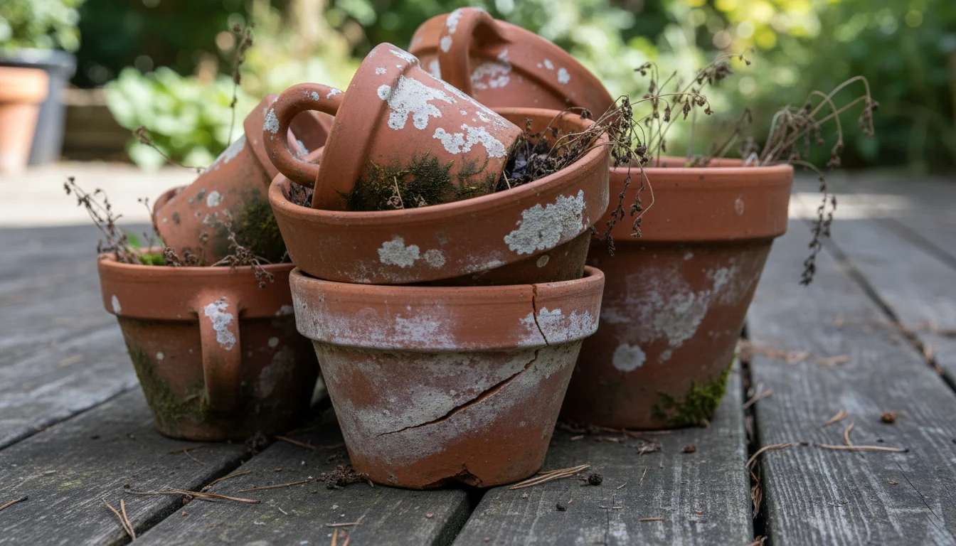 Close-up of several neglected terracotta pots stacked on a wooden deck, showing white mineral buildup, mold, and a visible crack.
