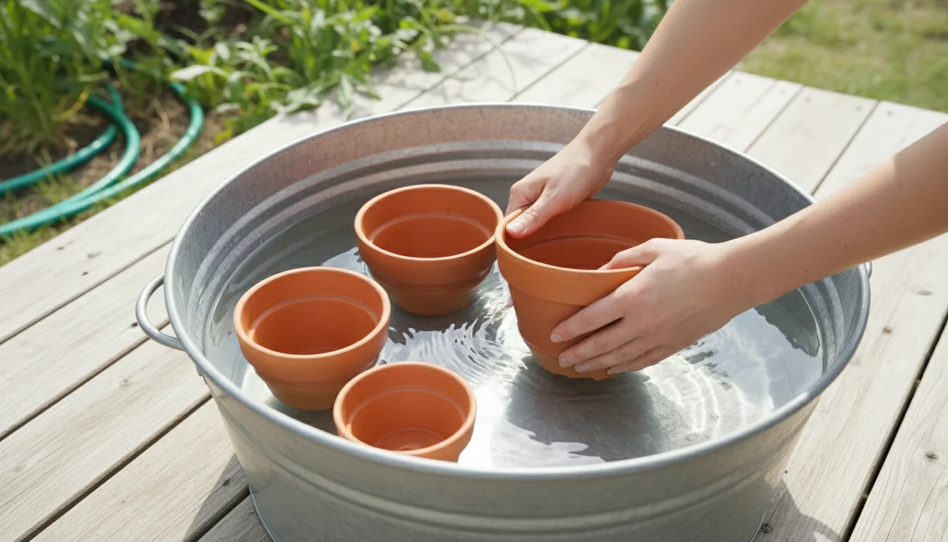 Slightly overhead shot of several new terracotta pots of various sizes soaking in clear water within a galvanized tub on a light patio. A person's han