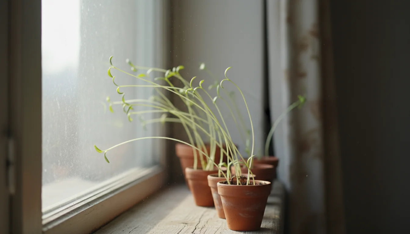 Several pale, elongated seedlings in small terracotta pots on an apartment windowsill, clearly showing leggy growth and leaning towards the window.