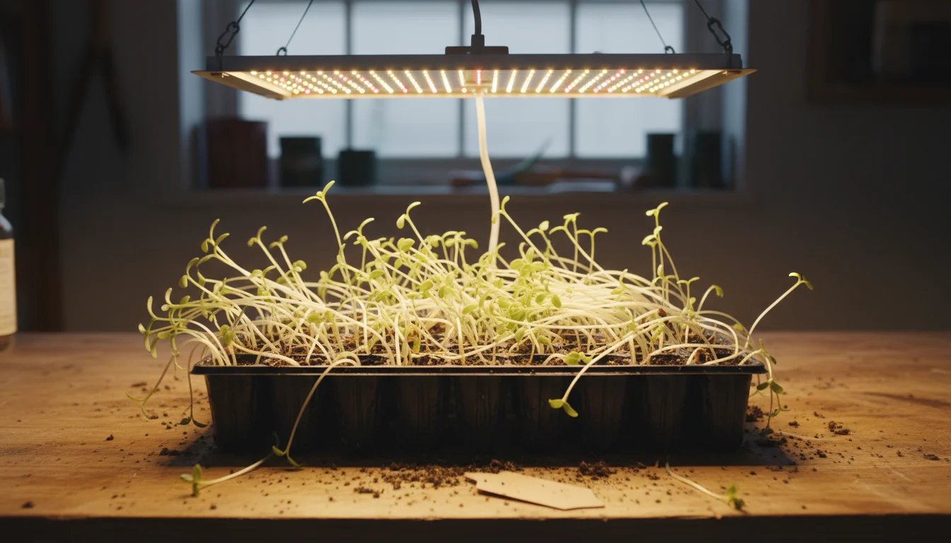 Several pale, spindly green seedlings in a small seed tray, stretching upwards and leaning over. A grow light is positioned high above them.