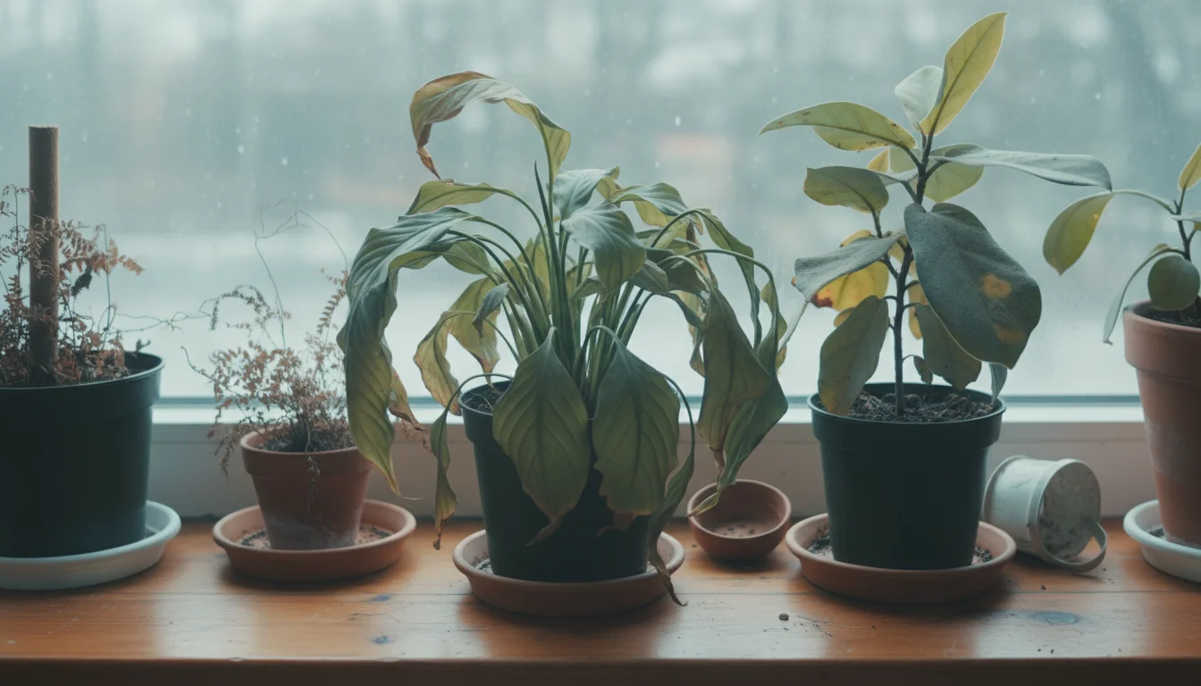 Several potted houseplants, including a peace lily and fern, sit on a windowsill, showing signs of dry air stress like curled, dull, and browning leav