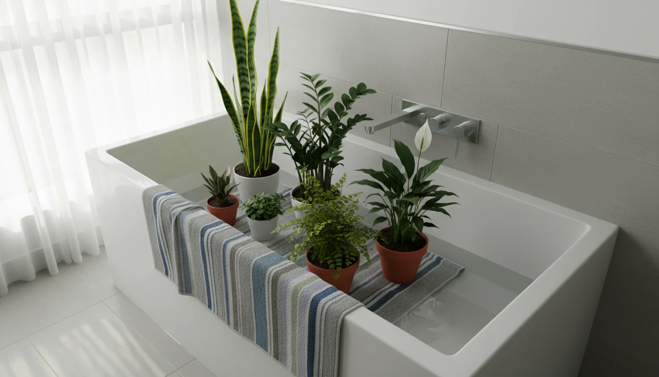 Several potted houseplants sit in a shallow layer of water inside a clean, modern bathtub, ready for a vacation.