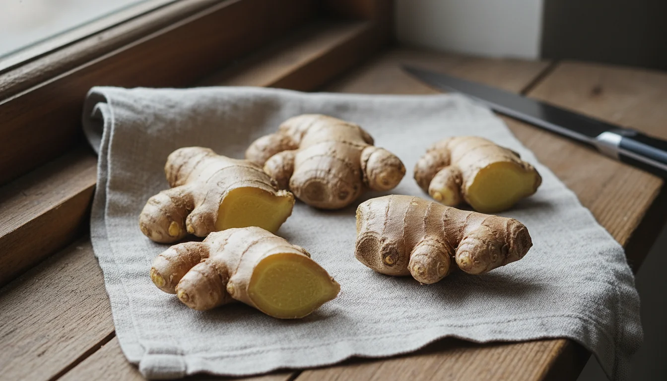 Several small, cut ginger pieces with visible growth buds are laid out on a linen towel on a windowsill, with a knife nearby.