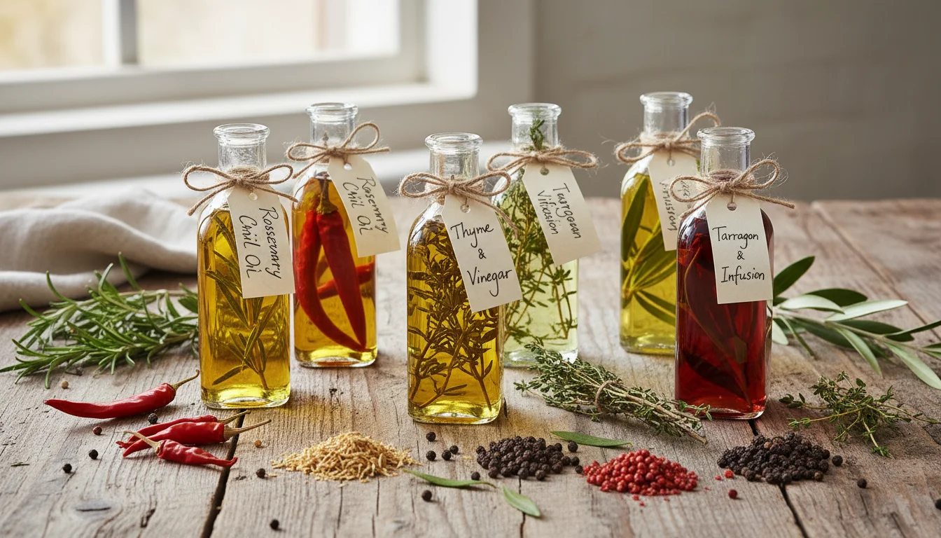 Several small glass bottles of homemade herb-infused oils and vinegars on a rustic wooden table, surrounded by dried herbs and blank gift tags.