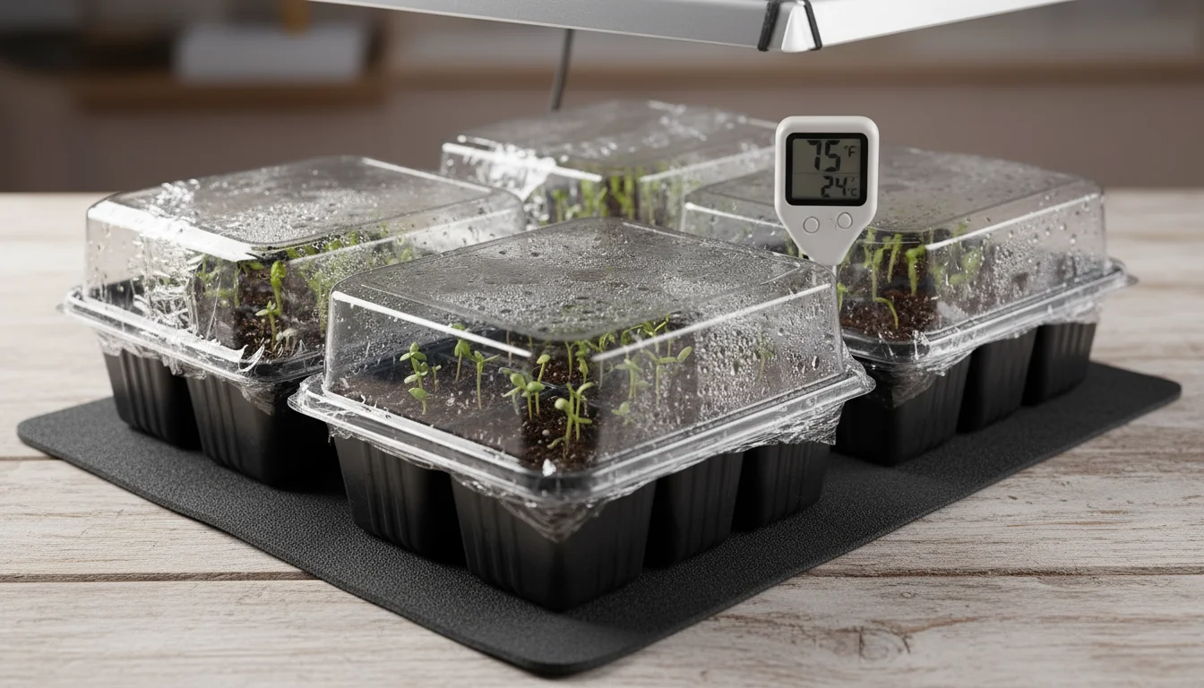 Close-up of several small seed trays on a heat mat, covered with clear plastic for humidity. A soil thermometer shows 75°F.