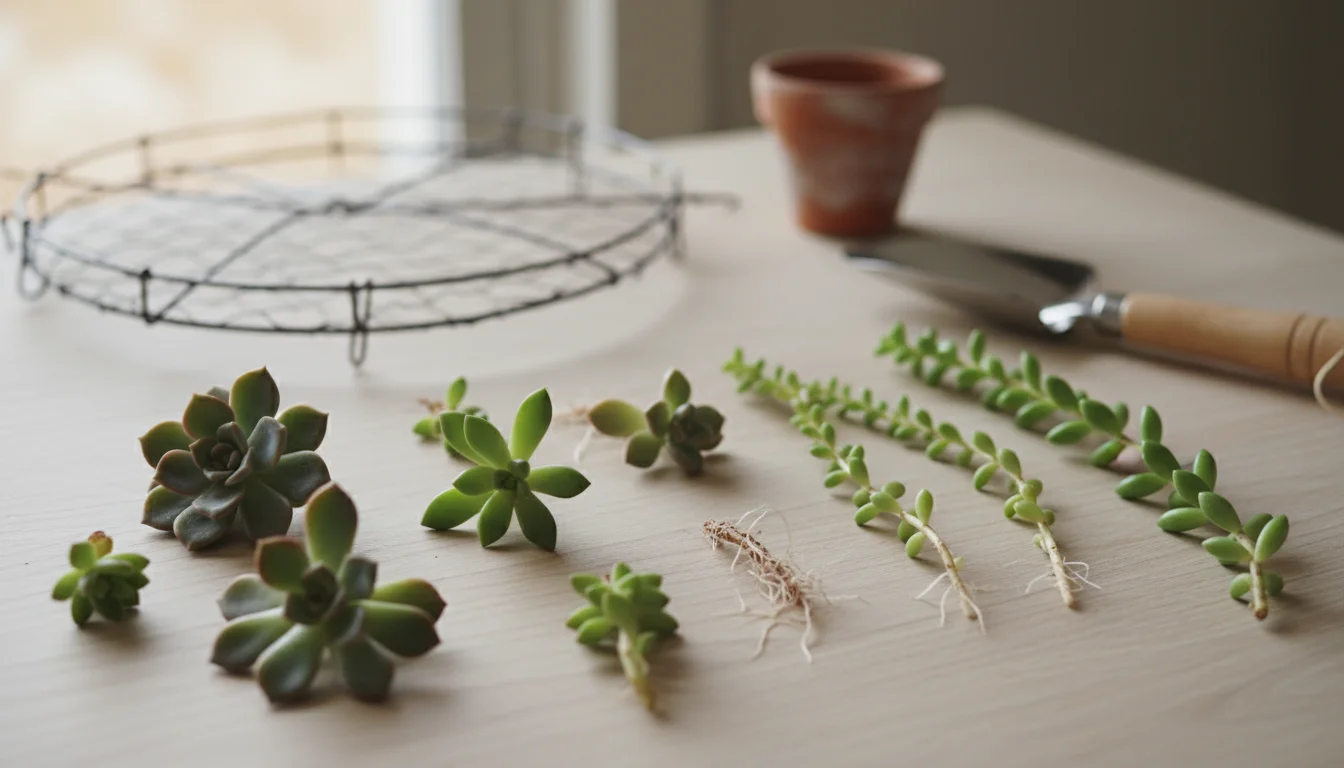 Several small succulent plant cuttings with tiny roots, neatly arranged on a light wooden surface, with blurred wreath fragments and a small pot in th