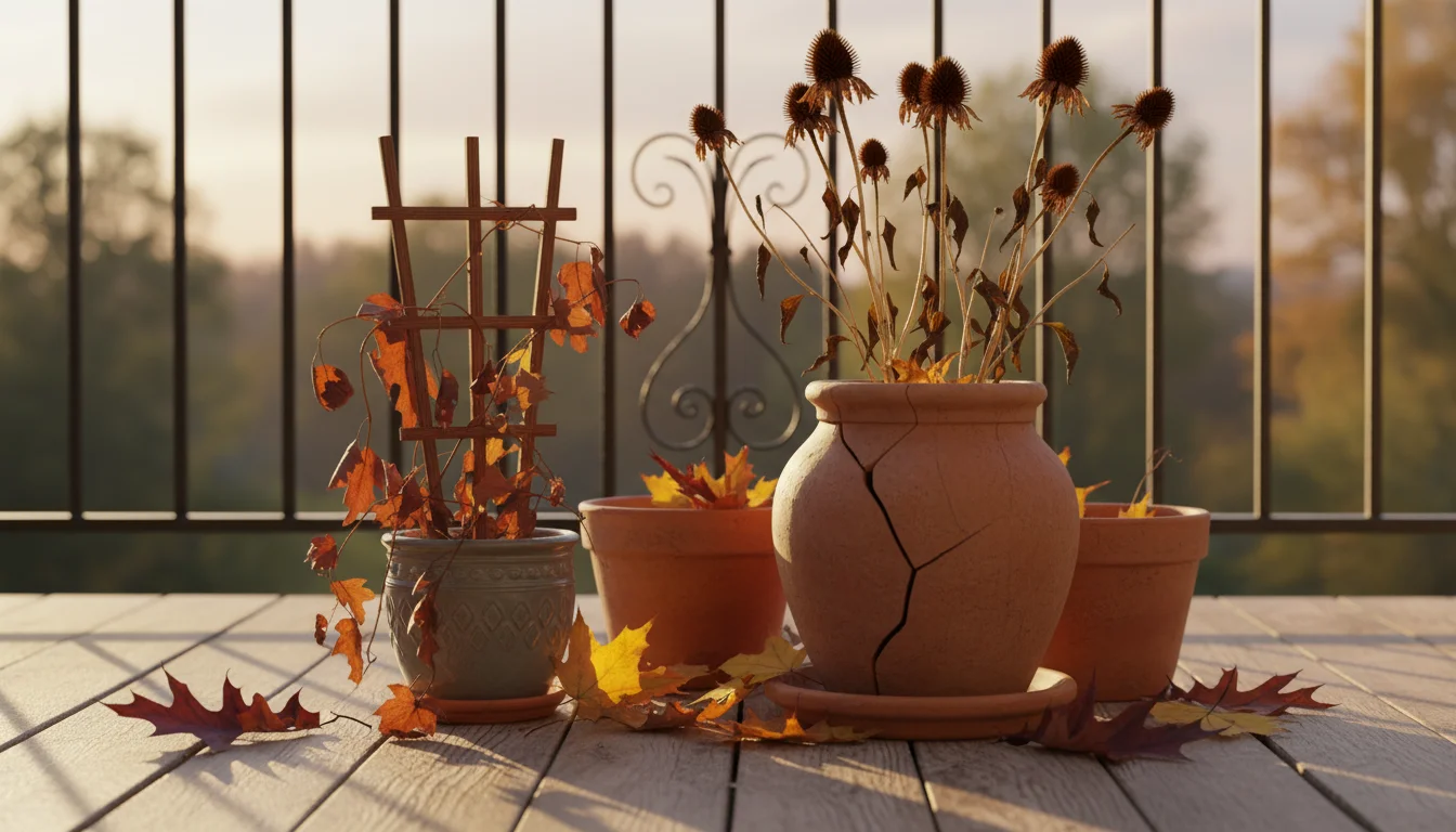 Several terracotta and ceramic pots on a balcony floor in late autumn, filled with dried plants and fallen leaves.