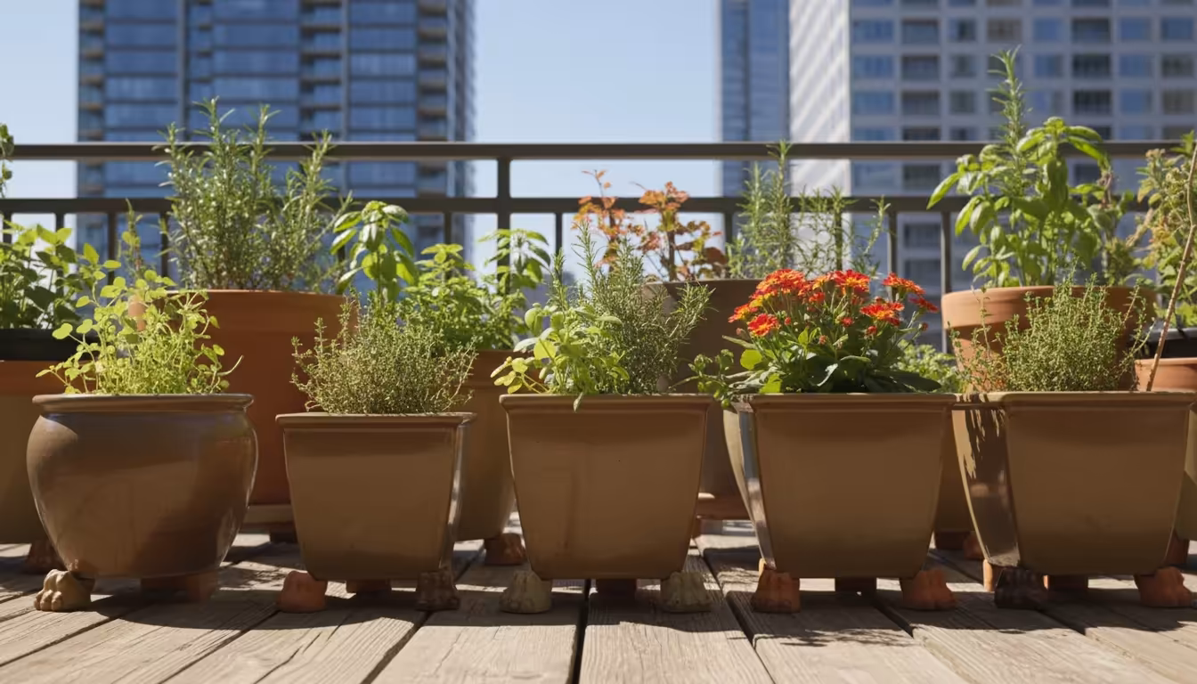 Several terracotta and ceramic pots with plants are elevated on pot feet on a sunny urban balcony, showing strategic spacing for air circulation.