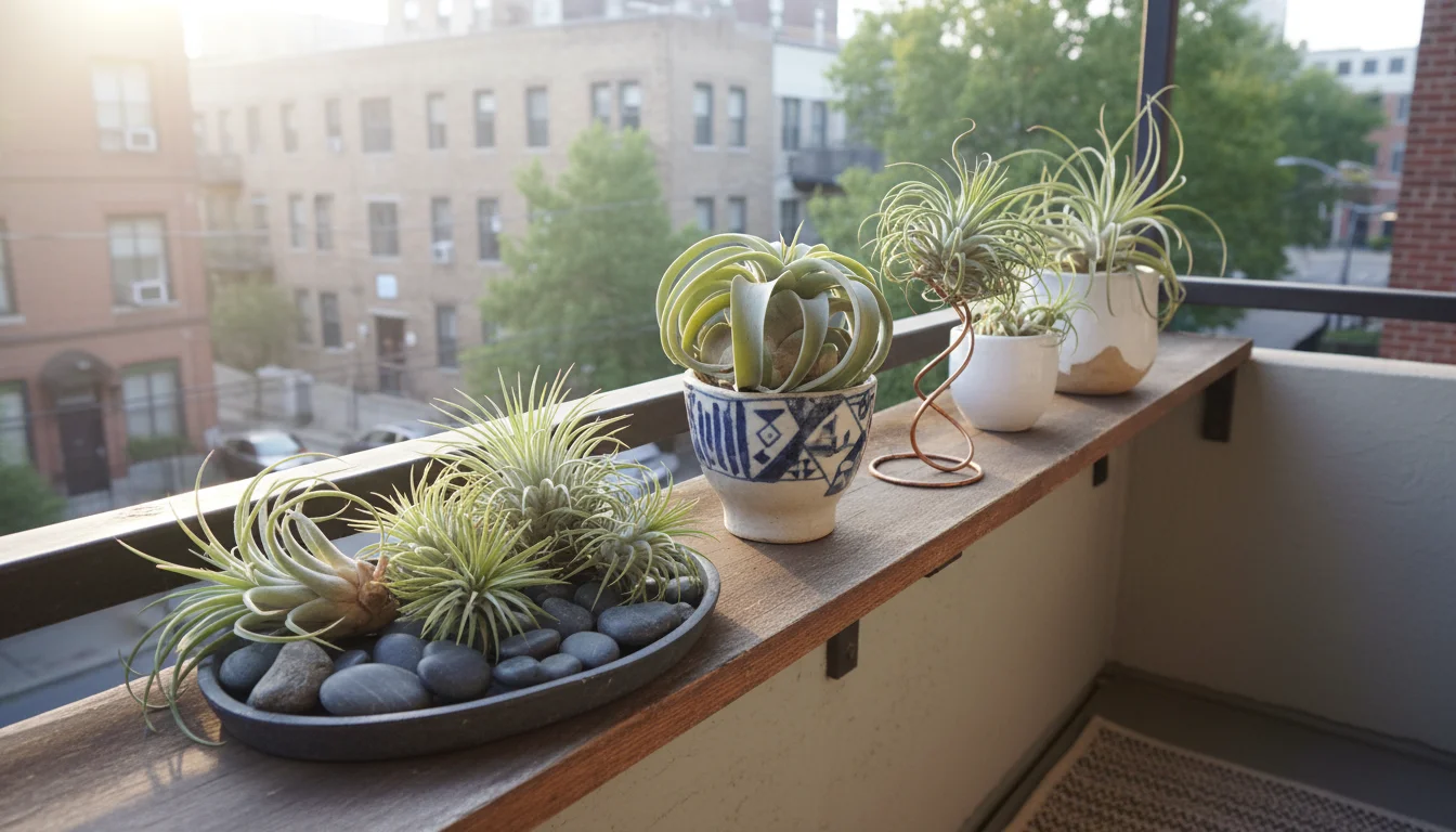 Several Tillandsia air plants, some with new green growth, arranged on a pebble tray and decorative holders on a wooden shelf in a bright urban balcon