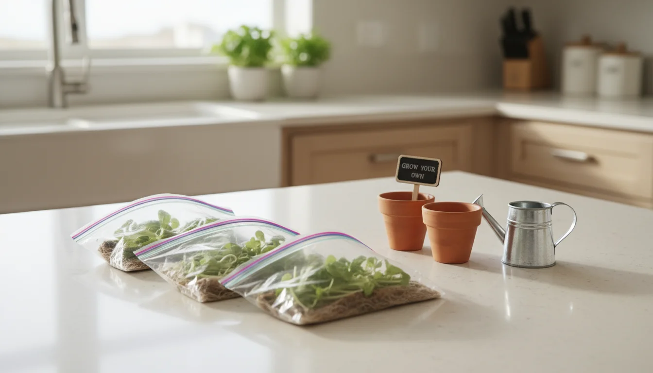 Several Ziploc bags on a sunlit counter display vigorously sprouted vegetable seeds, with small terracotta pots ready for transplant.