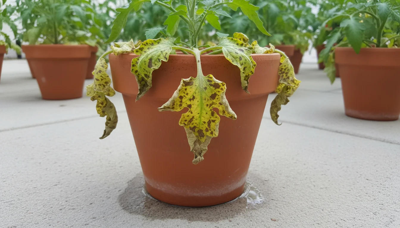 Close-up of a severely diseased tomato plant in a terracotta pot, with yellowed, distorted leaves and dark spots, isolated on a patio.