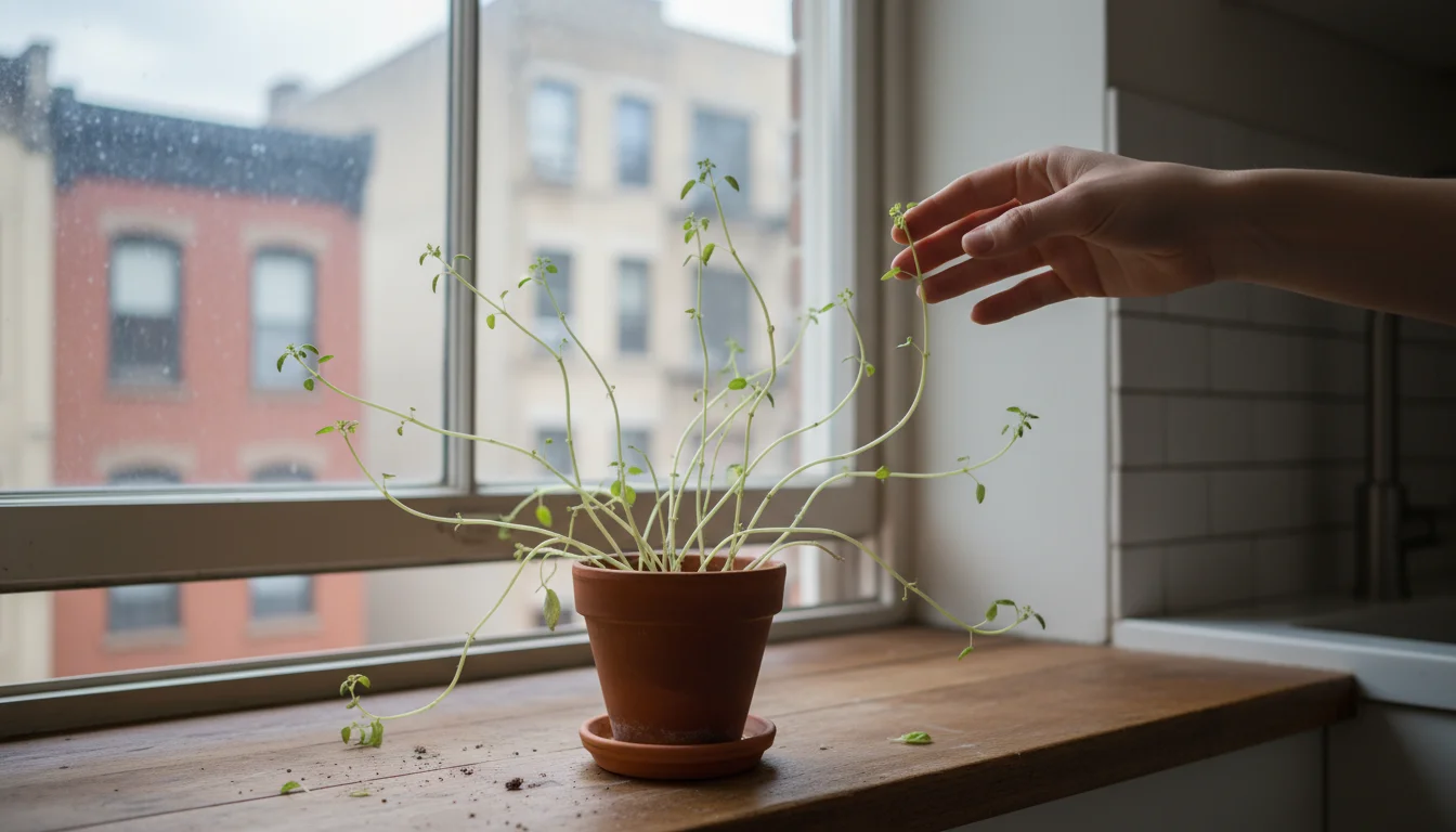 Severely leggy basil plant in a pot on a kitchen windowsill, stretching pale, weak stems towards dim window light. A hand hovers gently.