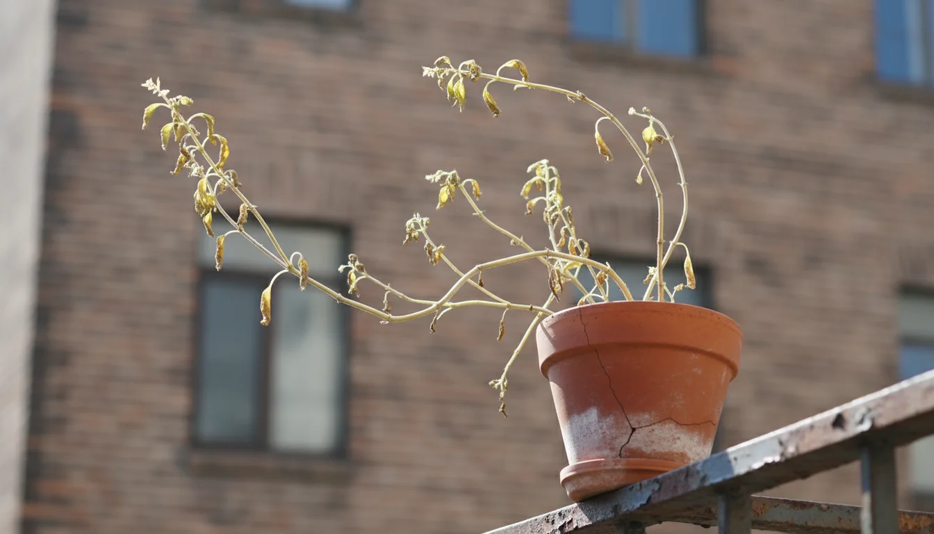 A severely leggy basil plant in a terracotta pot on an urban balcony, showing sparse growth and bare stems from improper harvesting.