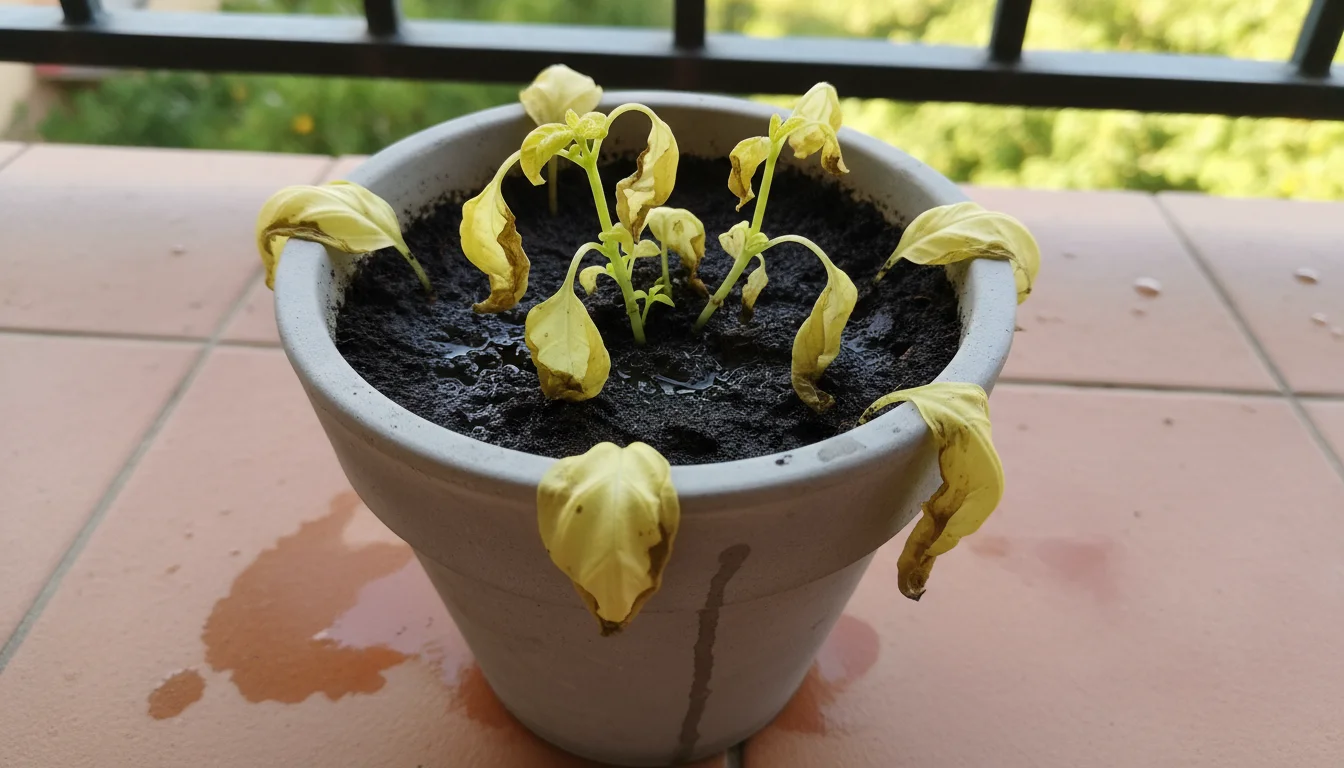 Close-up of severely overwatered basil plant in a container, showing yellow, droopy leaves and dark, glistening wet soil. Hands gently touch a yellow 