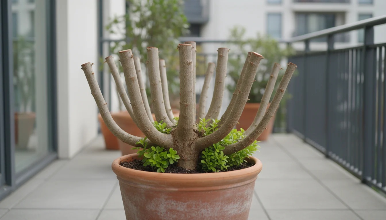Severely pruned deciduous shrub in a terracotta pot on a balcony, with tiny new green shoots emerging from its woody base.