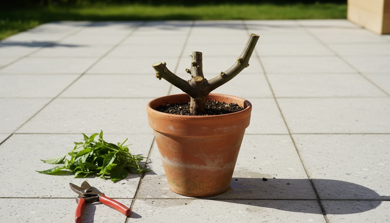 Severely pruned overwintered pepper plant in a terracotta pot on a patio, with green trimmings and pruning shears nearby.